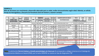 4
3
EJEMPLO 2:
Niño de 18 meses con crecimiento y desarrollo adecuado para su edad, recibe micronutrientes según edad. Además, se solicita
Dosaje de Hemoglobina y Descarte de Parasitosis (test de Graham y examen seriado).
Nota: la solicitud de Test de Graham y Estudio parasitológico de Heces por 3 corresponde a códigos inmersos en el Catalogo de
Procedimientos Médicos en Salud (CPMS), por lo tanto SIEMPRE se macara en tipo de diagnostico “D”.
 