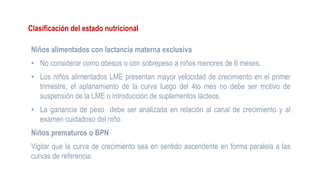 Clasificación del estado nutricional
Niños alimentados con lactancia materna exclusiva
• No considerar como obesos o con sobrepeso a niños menores de 6 meses.
• Los niños alimentados LME presentan mayor velocidad de crecimiento en el primer
trimestre, el aplanamiento de la curva luego del 4to mes no debe ser motivo de
suspensión de la LME o introducción de suplementos lácteos.
• La ganancia de peso debe ser analizada en relación al canal de crecimiento y al
examen cuidadoso del niño.
Niños prematuros o BPN
Vigilar que la curva de crecimiento sea en sentido ascendente en forma paralela a las
curvas de referencia.
 