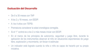 Evaluación del Desarrollo
• De 0 a 30 meses con TAP
• A los 2 y 18 meses, con EEDP.
• A los 4 años con TEPSI.
• Prematuros considerar la edad cronológica corregida.
• Si el 1° control es a los 2 o más meses iniciar con EEDP.
• En el marco de los principios de autonomía, seguridad y juego libre, durante la
aplicación de los instrumentos observar al niño en situaciones espontaneas de juego
libre, exploración y movimiento, sin forzar ni estimular.
• Un indicador está logrado cuando la niña o niño es capaz de hacerlo por su propia
iniciativa.
 