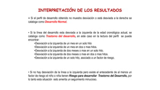 INTERPRETACIÓN DE LOS RESULTADOS
• Si el perfil de desarrollo obtenido no muestra desviación o está desviada a la derecha se
cataloga como Desarrollo Normal.
• Si la línea del desarrollo esta desviada a la izquierda de la edad cronológica actual, se
cataloga como Trastorno del desarrollo, en este caso en la lectura del perfil se puede
encontrar:
•Desviación a la izquierda de un mes en un solo hito
•Desviación a la izquierda de un mes en dos o mas hitos.
•Desviación a la izquierda de dos meses o mas en un solo hito.
•Desviación a la izquierda de dos meses o mas en dos o mas hitos.
•Desviación a la izquierda de un solo hito, asociado a un factor de riesgo.
• Si no hay desviación de la línea a la izquierda pero existe el antecedente de al menos un
factor de riesgo el niño o niña tienen Riesgo para desarrollar Trastorno del Desarrollo, por
lo tanto esta situación esto amerita un seguimiento minucioso.
 