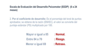Escala de Evaluación del Desarrollo Psicomotor (EEDP) (0 a 24
meses)
2. Por el coeficiente de desarrollo: Es el porcentaje del toral de puntos
aprobados; se obtiene de la razón (EM/EC), el valor se convierte del
puntaje estándar (PS) multiplicado por 100.
Mayor o igual a 85 : Normal.
Entre 84 a 70 : Riesgo.
Menor o igual 69 : Retraso.
 