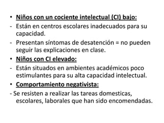 • Niños con un cociente intelectual (CI) bajo:
- Están en centros escolares inadecuados para su
   capacidad.
- Presentan síntomas de desatención = no pueden
   seguir las explicaciones en clase.
• Niños con CI elevado:
- Están situados en ambientes académicos poco
   estimulantes para su alta capacidad intelectual.
• Comportamiento negativista:
- Se resisten a realizar las tareas domesticas,
   escolares, laborales que han sido encomendadas.
 