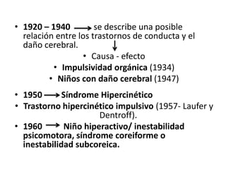 • 1920 – 1940         se describe una posible
  relación entre los trastornos de conducta y el
  daño cerebral.
                  • Causa - efecto
          • Impulsividad orgánica (1934)
         • Niños con daño cerebral (1947)
• 1950       Síndrome Hipercinético
• Trastorno hipercinético impulsivo (1957- Laufer y
                      Dentroff).
• 1960       Niño hiperactivo/ inestabilidad
  psicomotora, síndrome coreiforme o
  inestabilidad subcoreica.
 