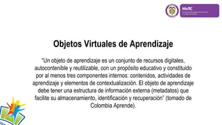 Objetos Virtuales de Aprendizaje
“Un objeto de aprendizaje es un conjunto de recursos digitales,
autocontenible y reutilizable, con un propósito educativo y constituido
por al menos tres componentes internos: contenidos, actividades de
aprendizaje y elementos de contextualización. El objeto de aprendizaje
debe tener una estructura de información externa (metadatos) que
facilite su almacenamiento, identificación y recuperación” (tomado de
Colombia Aprende).
 