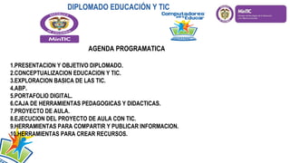 AGENDA PROGRAMATICA
1.PRESENTACION Y OBJETIVO DIPLOMADO.
2.CONCEPTUALIZACION EDUCACION Y TIC.
3.EXPLORACION BASICA DE LAS TIC.
4.ABP.
5.PORTAFOLIO DIGITAL.
6.CAJA DE HERRAMIENTAS PEDAGOGICAS Y DIDACTICAS.
7.PROYECTO DE AULA.
8.EJECUCION DEL PROYECTO DE AULA CON TIC.
9.HERRAMIENTAS PARA COMPARTIR Y PUBLICAR INFORMACION.
10.HERRAMIENTAS PARA CREAR RECURSOS.
DIPLOMADO EDUCACIÓN Y TIC
 