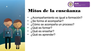 Mitos de la enseñanza
• ¿Acompañamiento es igual a formación?
• ¿Se forma al acompañar?
• ¿Cómo se acompaña un proceso?
• ¿Qué es formar?
• ¿Qué es enseñar?
• ¿Qué es aprender?
 