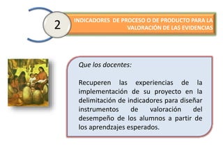 INDICADORES DE PROCESO O DE PRODUCTO PARA LA
VALORACIÓN DE LAS EVIDENCIAS2
Que los docentes:
Recuperen las experiencias de la
implementación de su proyecto en la
delimitación de indicadores para diseñar
instrumentos de valoración del
desempeño de los alumnos a partir de
los aprendzajes esperados.
 