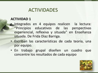 LOGO
ACTIVIDADES
ACTIVIDAD 1
• Integrados en 4 equipos realicen la lectura:
“Principios educativos de las perspectivas
experiencial, reflexiva y situada” en Enseñanza
situada. De Frida Dìaz Barriga.
• Escriban las características de cada teoría, una
por equipo.
• En trabajo grupal diseñen un cuadro que
concentre los resultados de cada equipo
 