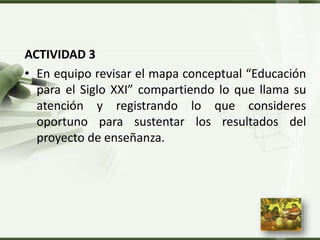 LOGO
ACTIVIDAD 3
• En equipo revisar el mapa conceptual “Educación
para el Siglo XXI” compartiendo lo que llama su
atención y registrando lo que consideres
oportuno para sustentar los resultados del
proyecto de enseñanza.
 