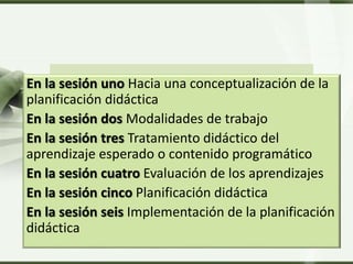 LOGO
La estructura del módulo 2
En la sesión uno Hacia una conceptualización de la
planificación didáctica
En la sesión dos Modalidades de trabajo
En la sesión tres Tratamiento didáctico del
aprendizaje esperado o contenido programático
En la sesión cuatro Evaluación de los aprendizajes
En la sesión cinco Planificación didáctica
En la sesión seis Implementación de la planificación
didáctica
 