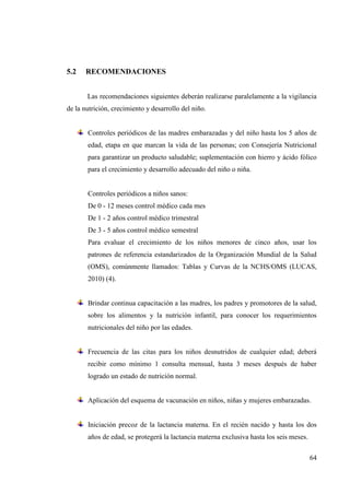 64
5.2 RECOMENDACIONES
Las recomendaciones siguientes deberán realizarse paralelamente a la vigilancia
de la nutrición, crecimiento y desarrollo del niño.
Controles periódicos de las madres embarazadas y del niño hasta los 5 años de
edad, etapa en que marcan la vida de las personas; con Consejería Nutricional
para garantizar un producto saludable; suplementación con hierro y ácido fólico
para el crecimiento y desarrollo adecuado del niño o niña.
Controles periódicos a niños sanos:
De 0 - 12 meses control médico cada mes
De 1 - 2 años control médico trimestral
De 3 - 5 años control médico semestral
Para evaluar el crecimiento de los niños menores de cinco años, usar los
patrones de referencia estandarizados de la Organización Mundial de la Salud
(OMS), comúnmente llamados: Tablas y Curvas de la NCHS/OMS (LUCAS,
2010) (4).
Brindar continua capacitación a las madres, los padres y promotores de la salud,
sobre los alimentos y la nutrición infantil, para conocer los requerimientos
nutricionales del niño por las edades.
Frecuencia de las citas para los niños desnutridos de cualquier edad; deberá
recibir como mínimo 1 consulta mensual, hasta 3 meses después de haber
logrado un estado de nutrición normal.
Aplicación del esquema de vacunación en niños, niñas y mujeres embarazadas.
Iniciación precoz de la lactancia materna. En el recién nacido y hasta los dos
años de edad, se protegerá la lactancia materna exclusiva hasta los seis meses.
 