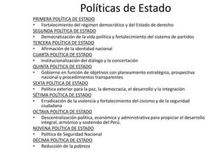 Políticas de Estado
PRIMERA POLÍTICA DE ESTADO
• Fortalecimiento del régimen democrático y del Estado de derecho
SEGUNDA POLÍTICA DE ESTADO
• Democratización de la vida política y fortalecimiento del sistema de partidos
TERCERA POLÍTICA DE ESTADO
• Afirmación de la identidad nacional
CUARTA POLÍTICA DE ESTADO
• Institucionalización del diálogo y la concertación
QUINTA POLÍTICA DE ESTADO
• Gobierno en función de objetivos con planeamiento estratégico, prospectiva
nacional y procedimientos transparentes
SEXTA POLÍTICA DE ESTADO
• Política exterior para la paz, la democracia, el desarrollo y la integración
SÉTIMA POLÍTICA DE ESTADO
• Erradicación de la violencia y fortalecimiento del civismo y de la seguridad
ciudadana
OCTAVA POLÍTICA DE ESTADO
• Descentralización política, económica y administrativa para propiciar el desarrollo
integral, armónico y sostenido del Perú.
NOVENA POLÍTICA DE ESTADO
• Política de Seguridad Nacional
DÉCIMA POLÍTICA DE ESTADO
• Reducción de la pobreza

 