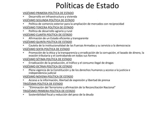 Políticas de Estado
VIGÉSIMO PRIMERA POLÍTICA DE ESTADO
•
Desarrollo en infraestructura y vivienda
VIGÉSIMO SEGUNDA POLÍTICA DE ESTADO
•
Política de comercio exterior para la ampliación de mercados con reciprocidad
VIGÉSIMO TERCERA POLÍTICA DE ESTADO
•
Política de desarrollo agrario y rural
VIGÉSIMO CUARTA POLÍTICA DE ESTADO
•
Afirmación de un Estado eficiente y transparente
VIGÉSIMO QUINTA POLÍTICA DE ESTADO
•
Cautela de la institucionalidad de las Fuerzas Armadas y su servicio a la democracia
VIGÉSIMO SEXTA POLÍTICA DE ESTADO
•
Promoción de la ética y la transparencia y erradicación de la corrupción, el lavado de dinero, la
evasión tributaria y el contrabando en todas sus formas
VIGÉSIMO SÉTIMA POLÍTICA DE ESTADO
•
Erradicación de la producción, el tráfico y el consumo ilegal de drogas
VIGÉSIMO OCTAVA POLÍTICA DE ESTADO
•
Plena vigencia de la Constitución y de los derechos humanos y acceso a la justicia e
independencia judicial
VIGÉSIMO NOVENA POLÍTICA DE ESTADO
•
Acceso a la información, libertad de expresión y libertad de prensa
TRIGÉSIMA POLÍTICA DE ESTADO
•
"Eliminación del Terrorismo y afirmación de la Reconciliación Nacional"
TRIGÉSIMO PRIMERA POLÍTICA DE ESTADO
•
Sostenibilidad fiscal y reducción del peso de la deuda

 