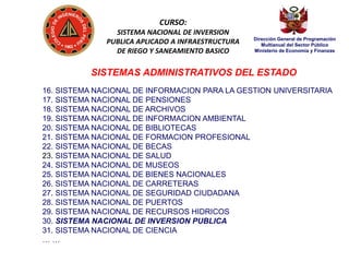 CURSO:
SISTEMA NACIONAL DE INVERSION
PUBLICA APLICADO A INFRAESTRUCTURA
DE RIEGO Y SANEAMIENTO BASICO

Dirección General de Programación
Multianual del Sector Público
Ministerio de Economía y Finanzas

SISTEMAS ADMINISTRATIVOS DEL ESTADO
16. SISTEMA NACIONAL DE INFORMACION PARA LA GESTION UNIVERSITARIA
17. SISTEMA NACIONAL DE PENSIONES
18. SISTEMA NACIONAL DE ARCHIVOS
19. SISTEMA NACIONAL DE INFORMACION AMBIENTAL
20. SISTEMA NACIONAL DE BIBLIOTECAS
21. SISTEMA NACIONAL DE FORMACION PROFESIONAL
22. SISTEMA NACIONAL DE BECAS
23. SISTEMA NACIONAL DE SALUD
24. SISTEMA NACIONAL DE MUSEOS
25. SISTEMA NACIONAL DE BIENES NACIONALES
26. SISTEMA NACIONAL DE CARRETERAS
27. SISTEMA NACIONAL DE SEGURIDAD CIUDADANA
28. SISTEMA NACIONAL DE PUERTOS
29. SISTEMA NACIONAL DE RECURSOS HIDRICOS
30. SISTEMA NACIONAL DE INVERSION PUBLICA
31. SISTEMA NACIONAL DE CIENCIA
……

 