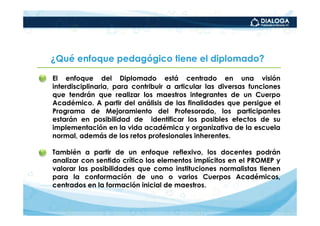 ¿Qué enfoque pedagógico tiene el diplomado?

•   El enfoque del Diplomado está centrado en una visión
    interdisciplinaria, para contribuir a articular las diversas funciones
    que tendrán que realizar los maestros integrantes de un Cuerpo
    Académico. A partir del análisis de las finalidades que persigue el
    Programa de Mejoramiento del Profesorado, los participantes
    estarán en posibilidad de identificar los posibles efectos de su
    implementación en la vida académica y organizativa de la escuela
    normal, además de los retos profesionales inherentes.

•   También a partir de un enfoque reflexivo, los docentes podrán
    analizar con sentido crítico los elementos implícitos en el PROMEP y
    valorar las posibilidades que como instituciones normalistas tienen
    para la conformación de uno o varios Cuerpos Académicos,
    centrados en la formación inicial de maestros.
 