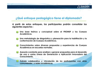 ¿Qué enfoque pedagógico tiene el diplomado?

A partir de estos enfoques, los participantes podrán consolidar los
siguientes aspectos :

    •   Una base teórica y conceptual sobre el PROMEP y los Cuerpos
        Académicos.

    •   Una metodología de diagnóstico y planeación para la habilitación y la
        conformación de Cuerpos Académicos.

    •   Conocimientos sobre diversas propuestas y experiencias de Cuerpos
        Académicos en escuelas normales.

    •   Asesoría constante para analizar y generar propuestas para el desarrollo
        de una o varias Líneas de Generación o Aplicación Innovadora del
        Conocimiento.

    •   Trabajo colaborativo y vinculación de los participantes con otras
        comunidades o redes académicas.
 