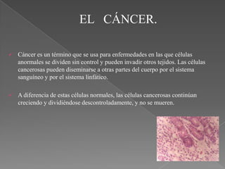 EL CÁNCER.

   Cáncer es un término que se usa para enfermedades en las que células
    anormales se dividen sin control y pueden invadir otros tejidos. Las células
    cancerosas pueden diseminarse a otras partes del cuerpo por el sistema
    sanguíneo y por el sistema linfático.

   A diferencia de estas células normales, las células cancerosas continúan
    creciendo y dividiéndose descontroladamente, y no se mueren.
 