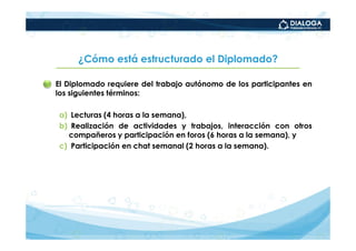 ¿Cómo está estructurado el Diplomado?

El Diplomado requiere del trabajo autónomo de los participantes en
los siguientes términos:

a) Lecturas (4 horas a la semana),
b) Realización de actividades y trabajos, interacción con otros
  compañeros y participación en foros (6 horas a la semana), y
c) Participación en chat semanal (2 horas a la semana).
 