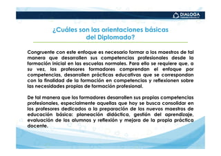 ¿Cuáles son las orientaciones básicas
                    del Diplomado?

Congruente con este enfoque es necesario formar a los maestros de tal
manera que desarrollen sus competencias profesionales desde la
formación inicial en las escuelas normales. Para ello se requiere que, a
su vez, los profesores formadores comprendan el enfoque por
competencias, desarrollen prácticas educativas que se correspondan
con la finalidad de la formación en competencias y reflexionen sobre
las necesidades propias de formación profesional.

De tal manera que los formadores desarrollen sus propias competencias
profesionales, especialmente aquellas que hoy se busca consolidar en
los profesores dedicados a la preparación de los nuevos maestros de
educación básica: planeación didáctica, gestión del aprendizaje,
evaluación de los alumnos y reflexión y mejora de la propia práctica
docente.
 