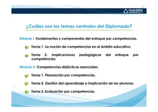 ¿Cuáles son los temas centrales del Diplomado?

Módulo I. Fundamentos y componentes del enfoque por competencias.

   •   Tema 1. La noción de competencias en el ámbito educativo.

   •   Tema 2. Implicaciones       pedagógicas     del   enfoque   por
       competencias.

Módulo II. Competencias didácticas esenciales.

   •   Tema 1. Planeación por competencias.

   •   Tema 2. Gestión del aprendizaje e implicación de los alumnos.

   •   Tema 3. Evaluación por competencias.
 