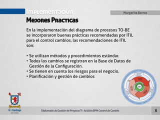 Implementación 
Mejores Practicas 
Diplomado de Gestión de Proyecto TI - Análisis BPM Control de Cambio 
Margarita Barros 
8 
En la implementación del diagrama de procesos TO-BE 
se incorporaron buenas prácticas recomendadas por ITIL 
para el control cambios, las recomendaciones de ITIL 
son: 
• Se utilizan métodos y procedimientos estándar. 
• Todos los cambios se registran en la Base de Datos de 
Gestión de la Configuración. 
• Se tienen en cuenta los riesgos para el negocio. 
• Planificación y gestión de cambios 
 