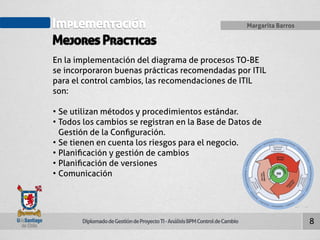 Implementación 
Mejores Practicas 
Diplomado de Gestión de Proyecto TI - Análisis BPM Control de Cambio 
Margarita Barros 
8 
En la implementación del diagrama de procesos TO-BE 
se incorporaron buenas prácticas recomendadas por ITIL 
para el control cambios, las recomendaciones de ITIL 
son: 
• Se utilizan métodos y procedimientos estándar. 
• Todos los cambios se registran en la Base de Datos de 
Gestión de la Configuración. 
• Se tienen en cuenta los riesgos para el negocio. 
• Planificación y gestión de cambios 
• Planificación de versiones 
• Comunicación 
 