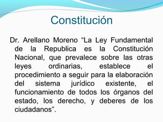 Constitución
Dr. Arellano Moreno “La Ley Fundamental
de la Republica es la Constitución
Nacional, que prevalece sobre las otras
leyes
ordinarias,
establece
el
procedimiento a seguir para la elaboración
del
sistema
jurídico
existente,
el
funcionamiento de todos los órganos del
estado, los derecho, y deberes de los
ciudadanos”.

 