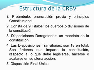 Estructura de la CRBV
1. Preámbulo: enunciación previa y principios

Constitucional.
2. Consta de 9 Títulos: los cuerpos o divisiones de
la constitución.
3. Disposiciones Derogatorias: un mandato de la
constitución.
4. Las Disposiciones Transitorias: son 18 en total.
Son órdenes que imparte la constitución,
respecto a lo que debe legislarse, hacerse o
acatarse en su plena acción.
5. Disposición Final Única

 
