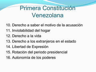 Primera Constitución
Venezolana
10. Derecho a saber el motivo de la acusación
11. Inviolabilidad del hogar
12. Derecho a la vida
13. Derecho a los extranjeros en el estado
14. Libertad de Expresión
15. Rotación del periodo presidencial
16. Autonomía de los poderes

 