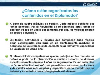 ¿Cómo están organizados los contenidos en el Diplomado?A partir de cuatro módulos de trabajo. Cada módulo contiene dos temas centrales. Por la naturaleza de su contenido estos temas se abordan ya sea en una o dos semanas. Por ello, los módulos difieren en cuanto a duración.Los temas, actividades y recursos que componen cada módulo están estructurados con base en un planteamiento medular: el desarrollo de un referencial de competencias formativas específicas de un asesor de último año.El referencial de competencias que se trabajan en los módulos se definió a partir de la observación a muchos asesores de diversas escuelas normales durante 7 años de seguimiento. Es una selección de “competencias básicas”, que permitirán a un asesor evolucionar y desarrollar otras más amplias y específicas en la medida que se entrene y especialice con cada grupo de estudiantes.