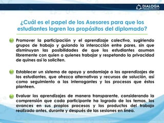 Autorregulensu actividad en esta modalidad de estudio, asuman riesgos ante los desafíos intelectuales, reconstruyan sus saberes de la experiencia, evalúen sus procedimientos y, en resumen, aprendan a aprender en línea.