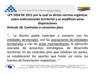 LEY 1454 DE 2011 por la cual se dictan normas orgánicas 
   sobre ordenamiento territorial y se modifican otras 
                      disposiciones
Artículo 18. Contratos o convenios plan.

“… La Nación podrá contratar o convenir con las
entidades territoriales, con las asociaciones de entidades
territoriales y con las áreas metropolitanas, la ejecución
asociada de proyectos estratégicos de desarrollo
territorial. En los contratos plan que celebren las partes,
se establecerán los aportes que harán así como las
fuentes de financiación respectivas…”
 