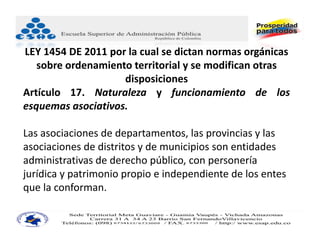 LEY 1454 DE 2011 por la cual se dictan normas orgánicas 
   sobre ordenamiento territorial y se modifican otras 
                    disposiciones
Artículo 17. Naturaleza y funcionamiento de los
esquemas asociativos.

Las asociaciones de departamentos, las provincias y las 
asociaciones de distritos y de municipios son entidades 
administrativas de derecho público, con personería 
jurídica y patrimonio propio e independiente de los entes 
que la conforman.
 