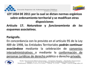 LEY 1454 DE 2011 por la cual se dictan normas orgánicas 
   sobre ordenamiento territorial y se modifican otras 
                    disposiciones
Artículo 17. Naturaleza y funcionamiento de los
esquemas asociativos.

Parágrafo.
En concordancia con lo previsto en el artículo 95 de la Ley
489 de 1998, las Entidades Territoriales podrán continuar
asociándose mediante la celebración de convenios
interadministrativos o mediante la conformación de
personas jurídicas de derecho público o derecho privado.
 