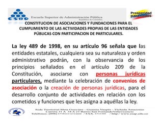CONSTITUCION DE ASOCIACIONES Y FUNDACIONES PARA EL 
   CUMPLIMIENTO DE LAS ACTIVIDADES PROPIAS DE LAS ENTIDADES 
         PÚBLICAS CON PARTICIPACION DE PARTICULARES.

La ley 489 de 1998, en su artículo 96 señala que las
entidades estatales, cualquiera sea su naturaleza y orden
administrativo podrán, con la observancia de los
principios señalados en el artículo 209 de la
Constitución, asociarse con personas jurídicas
particulares, mediante la celebración de convenios de
asociación o la creación de personas jurídicas, para el
desarrollo conjunto de actividades en relación con los
cometidos y funciones que les asigna a aquéllas la ley.
 