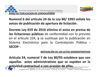AVISO DE PUBLICACION DE CONVOCATORIA

Numeral 6 del artículo 24 de la Ley 80/ 1993 señala los
avisos de publicación de apertura de licitación .
Decreto Ley 019 de 2010 elimino el aviso en prensa de
las licitaciones públicas de conformidad con lo previsto
en el artículo 224, y se sustituye por la publicación en
Sistema Electrónico para la Contratación Pública ‐
SECOP‐ .
                        MOTIVACIÓN DE LOS ACTOS ADMINISTRATIVOS

Artículo 24, numeral 7 de Ley 80/93 establece que son
aquellos actos administrativos que se expiden en la
actividad contractual o con ocasión de ellos.
 