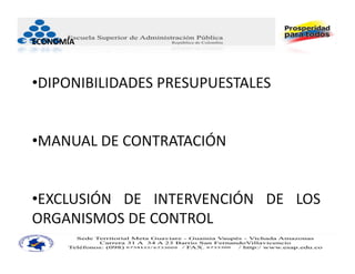ECONOMÍA



•DIPONIBILIDADES PRESUPUESTALES


•MANUAL DE CONTRATACIÓN


•EXCLUSIÓN DE INTERVENCIÓN DE LOS
ORGANISMOS DE CONTROL
 