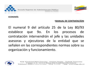 ECONOMÍA
                             •MANUAL DE CONTRATACIÍON

El numeral 9 del artículo 25 de la Ley 80/93
establece que 9o. En los procesos de
contratación intervendrán el jefe y las unidades
asesoras y ejecutoras de la entidad que se
señalen en las correspondientes normas sobre su
organización y funcionamiento.
 