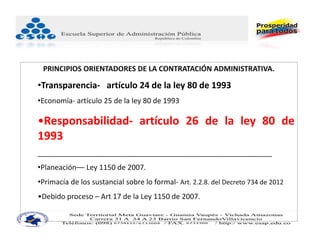 PRINCIPIOS ORIENTADORES DE LA CONTRATACIÓN ADMINISTRATIVA.

•Transparencia‐ artículo 24 de la ley 80 de 1993
•Economía‐ artículo 25 de la ley 80 de 1993

•Responsabilidad‐ artículo 26 de la ley 80 de
1993
__________________________________________________________
•Planeación–– Ley 1150 de 2007.
•Primacía de los sustancial sobre lo formal‐ Art. 2.2.8. del Decreto 734 de 2012
•Debido proceso – Art 17 de la Ley 1150 de 2007.
 