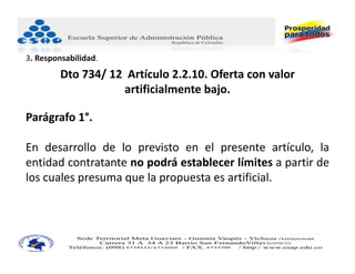 3. Responsabilidad.
         Dto 734/ 12  Artículo 2.2.10. Oferta con valor 
                     artificialmente bajo.

Parágrafo 1°.

En desarrollo de lo previsto en el presente artículo, la
entidad contratante no podrá establecer límites a partir de
los cuales presuma que la propuesta es artificial.



                                                 JUAN CARLOS BECERRA RUIZ
                                                 Consultor Administración Pública
                                                 Asesor Administrativo ‐ Docente Universitario
 
