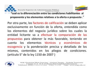 “cual es la diferenciación entre las condiciones habilitantes  al 
  proponente y los elementos relativos a la oferta o propuesta .”

Por otra parte, los factores de calificación se deben aplicar
exclusivamente en función de la oferta, entendida como
los elementos del negocio jurídico sobre los cuales la
entidad licitante va a efectuar la comparación de las
propuestas para obtener la más favorable, teniendo en
cuenta los elementos técnicos y económicos de
escogencia y la ponderación precisa y detallada de los
mismos, contenidos en los pliegos de condiciones.
(artículo 5° de la ley 1150 de 2007 )
 
