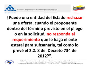 ¿Puede una entidad del Estado rechazar 
   una oferta, cuando el proponente 
dentro del término previsto en el pliego 
    o en la solicitud, no responda al 
   requerimiento que le haga el ente 
  estatal para subsanarla, tal como lo 
   prevé el 2.2. 8 del Decreto 734 de 
                  2012?”.
 