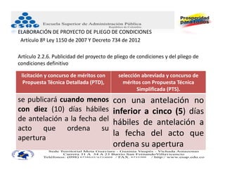 ELABORACIÓN DE PROYECTO DE PLIEGO DE CONDICIONES
 Artículo 8º Ley 1150 de 2007 Y Decreto 734 de 2012

Artículo 2.2.6. Publicidad del proyecto de pliego de condiciones y del pliego de 
condiciones definitivo

 licitación y concurso de méritos con       selección abreviada y concurso de 
  Propuesta Técnica Detallada (PTD),          méritos con Propuesta Técnica 
                                                    Simplificada (PTS). 
se publicará cuando menos                 con una antelación no
con diez (10) días hábiles                inferior a cinco (5) días
de antelación a la fecha del              hábiles de antelación a
acto que ordena su
apertura
                                          la fecha del acto que
                                          ordena su apertura
 