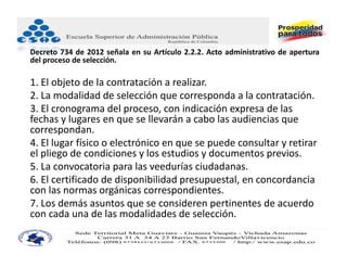 Decreto 734 de 2012 señala en su Artículo 2.2.2. Acto administrativo de apertura
del proceso de selección.

1. El objeto de la contratación a realizar. 
2. La modalidad de selección que corresponda a la contratación. 
3. El cronograma del proceso, con indicación expresa de las 
fechas y lugares en que se llevarán a cabo las audiencias que 
correspondan. 
4. El lugar físico o electrónico en que se puede consultar y retirar 
el pliego de condiciones y los estudios y documentos previos. 
5. La convocatoria para las veedurías ciudadanas. 
6. El certificado de disponibilidad presupuestal, en concordancia 
con las normas orgánicas correspondientes. 
7. Los demás asuntos que se consideren pertinentes de acuerdo 
con cada una de las modalidades de selección.
 