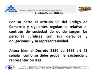 PERSONAS  JURIDICAS

Por su parte el artículo 98 del Código de
Comercio y siguientes regulan lo relativo al
contrato de sociedad de donde surgen las
personas jurídicas con sus derechos y
obligaciones, y su representatividad.

Ahora bien el Decreto 2150 de 1995 art 43
señala como se debe probar la existencia y
representación legal.
 