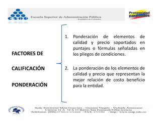 1. Ponderación de elementos de
                  calidad y precio soportados en
                  puntajes o fórmulas señaladas en
FACTORES DE       los pliegos de condiciones.

CALIFICACIÓN   2. La ponderación de los elementos de
                  calidad y precio que representan la
                  mejor relación de costo beneficio
PONDERACIÓN       para la entidad.
 