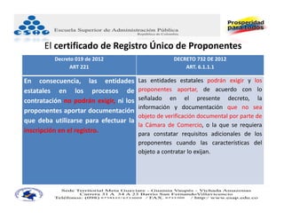 El certificado de Registro Único de Proponentes
          Decreto 019 de 2012                        DECRETO 732 DE 2012
                ART 221                                  ART. 6.1.1.1

En consecuencia, las entidades          Las entidades estatales podrán exigir y los
estatales en los procesos de            proponentes aportar, de acuerdo con lo
contratación no podrán exigir, ni los   señalado en el presente decreto, la
                                        información y documentación que no sea
proponentes aportar documentación
                                        objeto de verificación documental por parte de
que deba utilizarse para efectuar la
                                        la Cámara de Comercio, o la que se requiera
inscripción en el registro.             para constatar requisitos adicionales de los
                                        proponentes cuando las características del
                                        objeto a contratar lo exijan.
 
