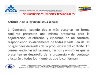 CONSORCIOS Y UNIONES TEMPORALES

Artículo 7 de la ley 80 de 1993 señala:

1. Consorcio: cuando dos o más personas en forma
conjunta presentan una misma propuesta para la
adjudicación, celebración y ejecución de un contrato,
respondiendo solidariamente de todas y cada una de las
obligaciones derivadas de la propuesta y del contrato. En
consecuencia, las actuaciones, hechos y omisiones que se
presenten en desarrollo de la propuesta y del contrato,
afectarán a todos los miembros que lo conforman.
 