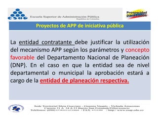 Proyectos de APP de iniciativa pública

La entidad contratante debe justificar la utilización
del mecanismo APP según los parámetros y concepto
favorable del Departamento Nacional de Planeación
(DNP). En el caso en que la entidad sea de nivel
departamental o municipal la aprobación estará a
cargo de la entidad de planeación respectiva.
 