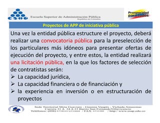 Proyectos de APP de iniciativa pública
Una vez la entidad pública estructure el proyecto, deberá
realizar una convocatoria pública para la preselección de
los particulares más idóneos para presentar ofertas de
ejecución del proyecto, y entre estos, la entidad realizará
una licitación pública, en la que los factores de selección
de contratistas serán:
 La capacidad jurídica,
 La capacidad financiera o de financiación y
 la experiencia en inversión o en estructuración de
   proyectos
 
